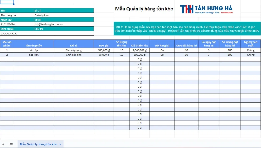 Mẫu Google Sheets Quản Lý Hàng Tồn Kho Miễn Phí Trực Tuyến Cho Doanh Nghiệp Sản Xuất