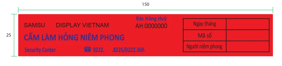 Cuộn Decal PVC keo Remove in tem nhãn có nội dung samsu display kích thước 150x25mm